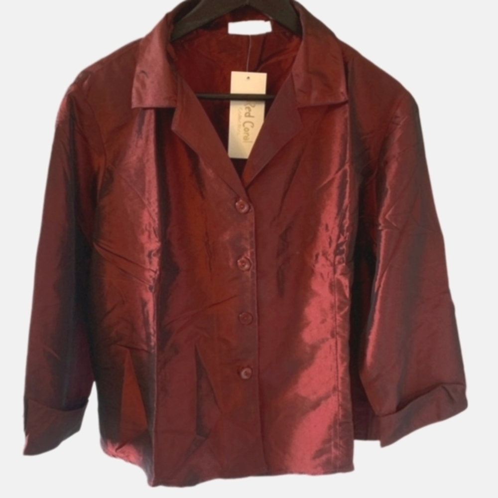 (2 for $40) Taffeta Blouse / Jacket in Burgundy-Red Size XXL - 3/4 Length Sleeve